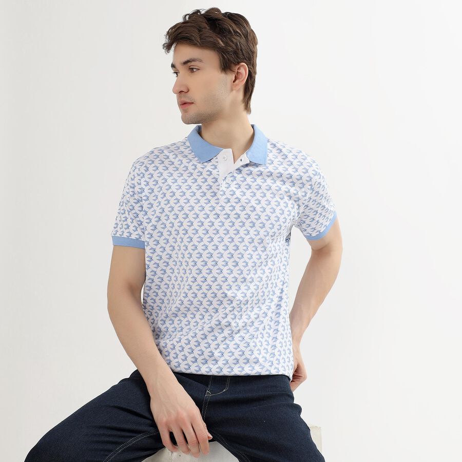 Men's Light Blue Cotton Polo Neck Printed T-Shirt, Light Blue, large image number null