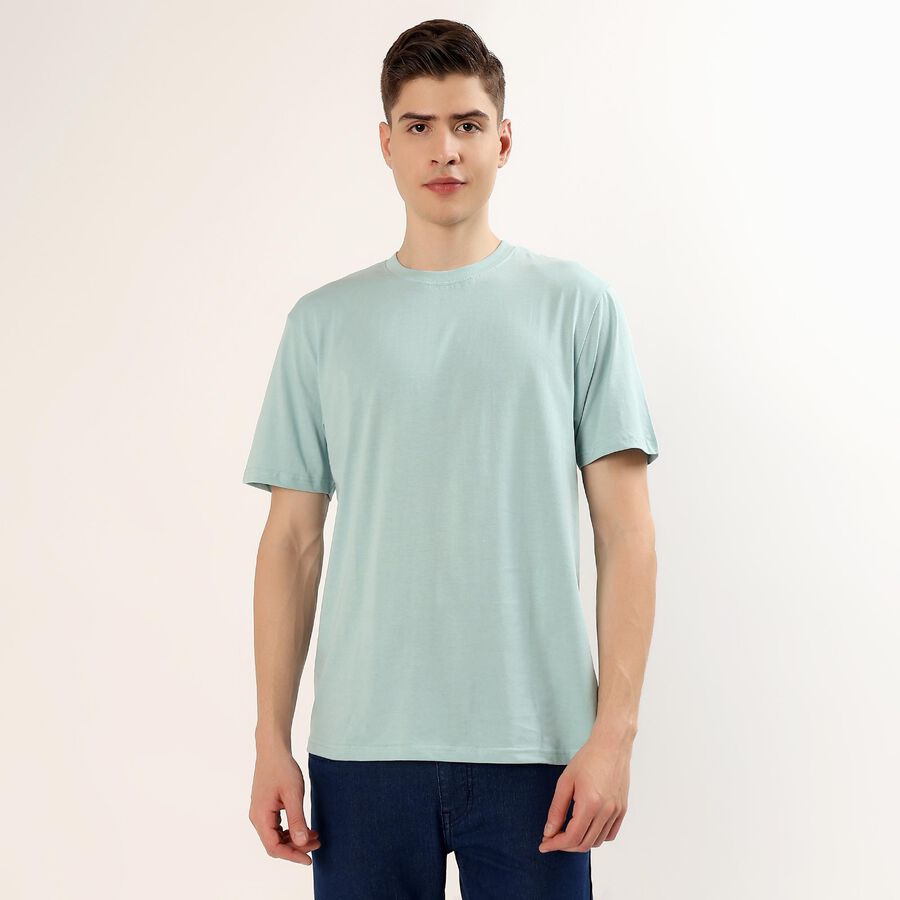 Men's Teal Cotton Round Neck Minimalist T-Shirt, Aqua, large
