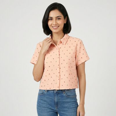 Women's Light Pink Half Sleeve Spread Collar Casual Shirt