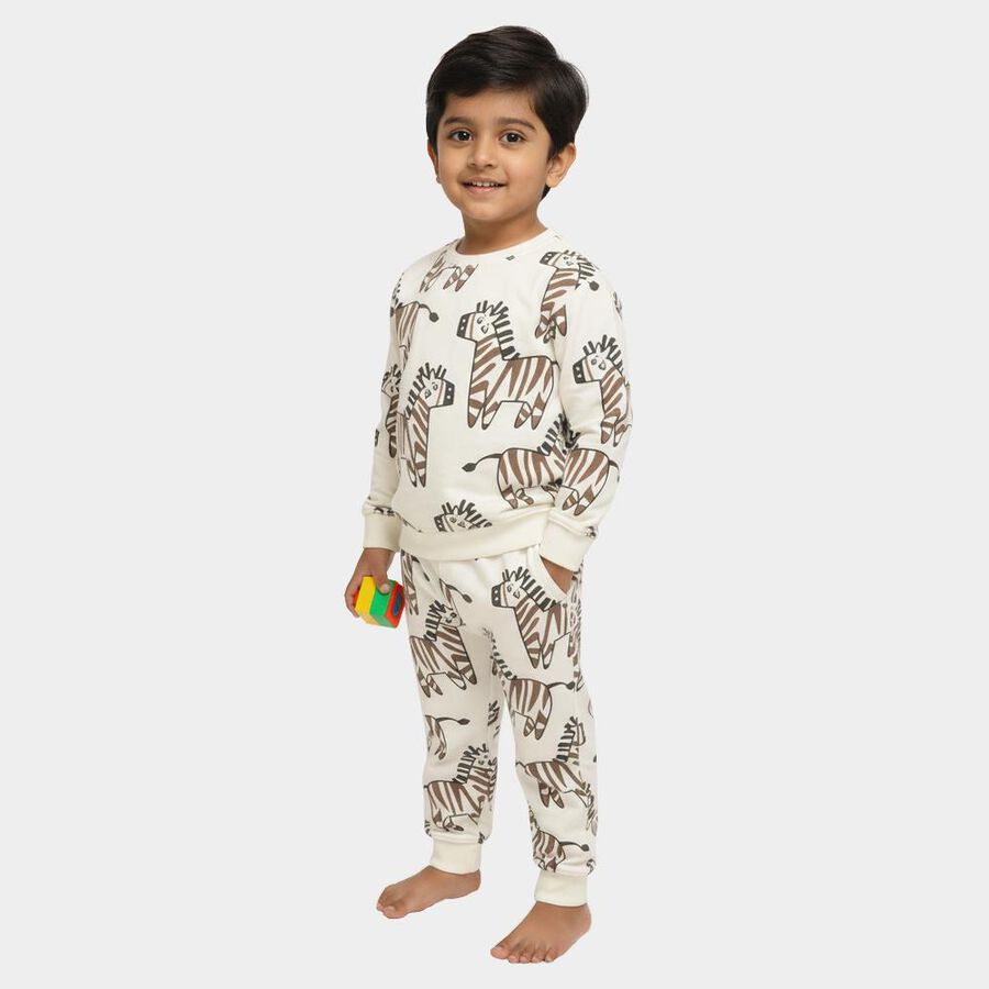 Boys' Off White Round Neck Zebra Printed Baba Suit, Off White, large image number null