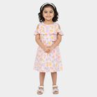 Girls' Pink Fit and Flare Floral Printed Cold Shoulder Frock, Light Pink, small