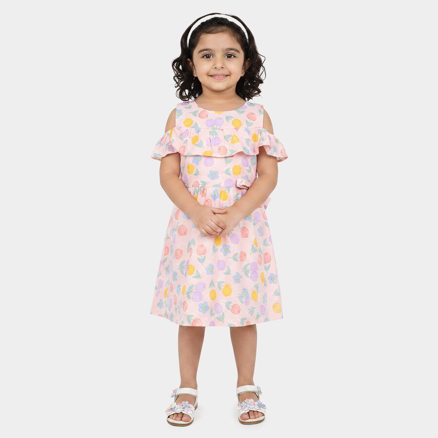 Girls' Pink Fit and Flare Floral Printed Cold Shoulder Frock, Light Pink, large