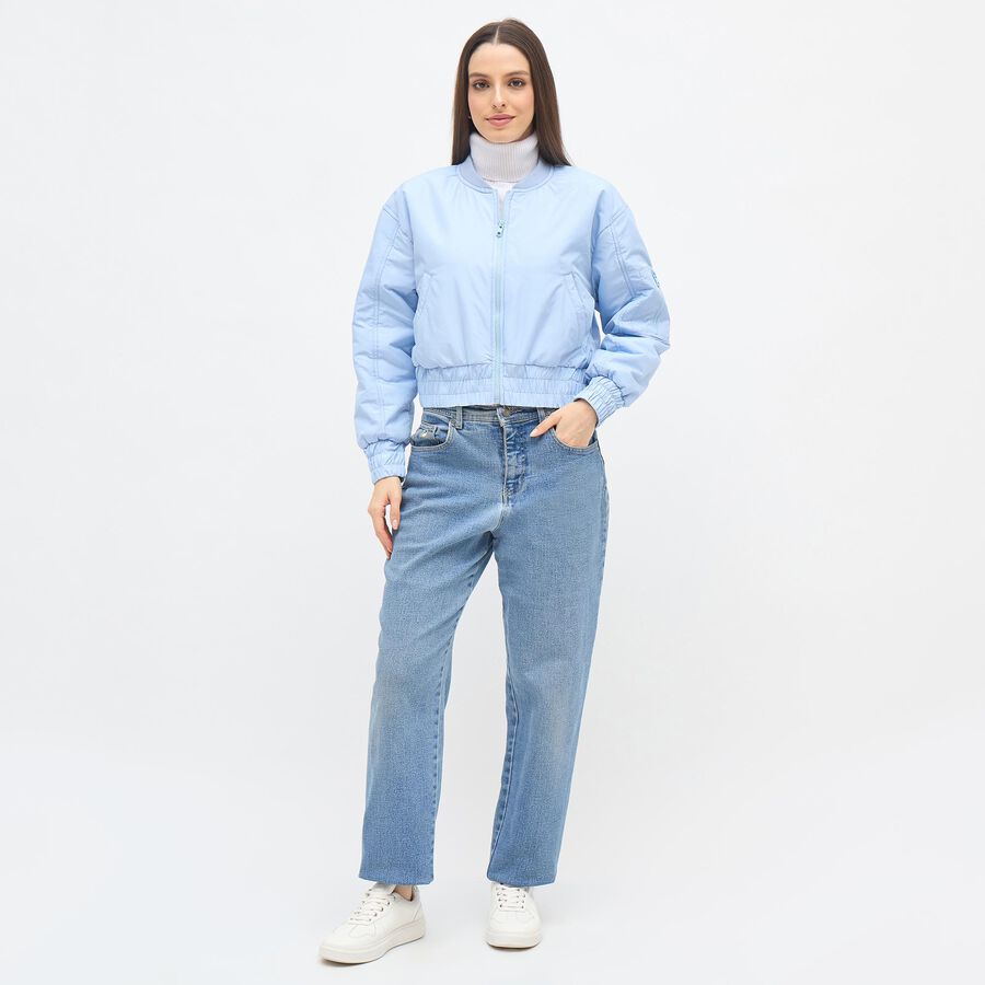 Women's Light Powder Blue Crew Casual Bomber Jacket, हल्का नीला, large image number null