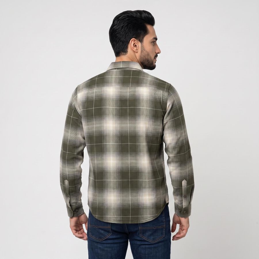 Men's Olive Green Cotton Long Sleeve Checked Casual Shirt, Olive, large