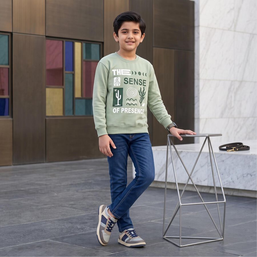 Boys' Mint Green Crew Neck Graphic Print Sweatshirt, Light Green, large