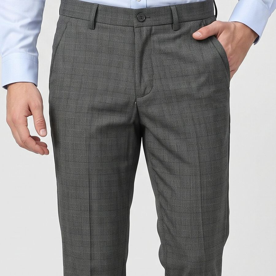 Men's Grey Slim Fit Checked Formal Trousers, Dark Grey, large