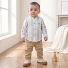Infants' Teal Blue 100% Cotton Mandarin Collar Striped Baba Suit, टील ब्लू, small