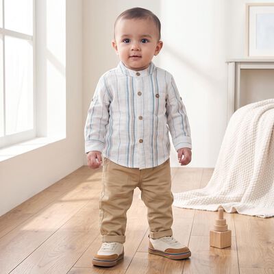 Infants' Teal Blue 100% Cotton Mandarin Collar Striped Baba Suit