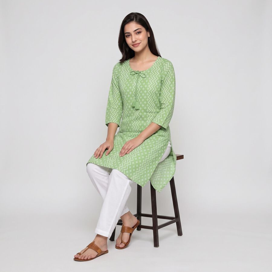 Women's Green Round Neck Tie-Up Printed Kurta, Light Green, large