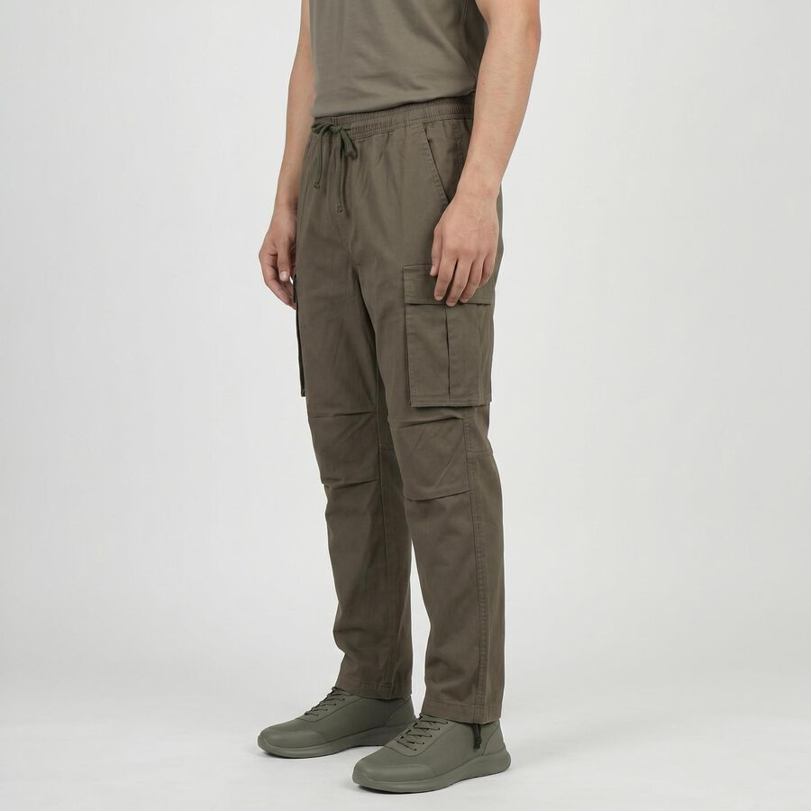 Men's Olive Green Slim Fit Casual Trousers, Olive, large