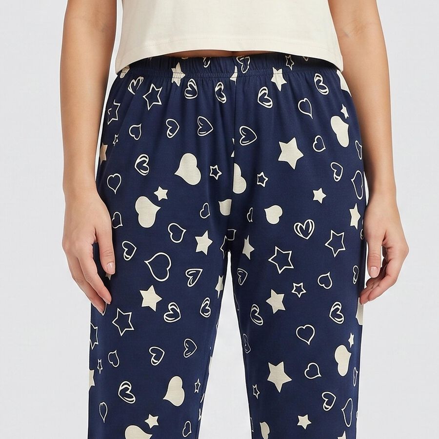 Women's Navy Blue Straight Fit Heart and Star Pyjama, नेवी ब्लू, large