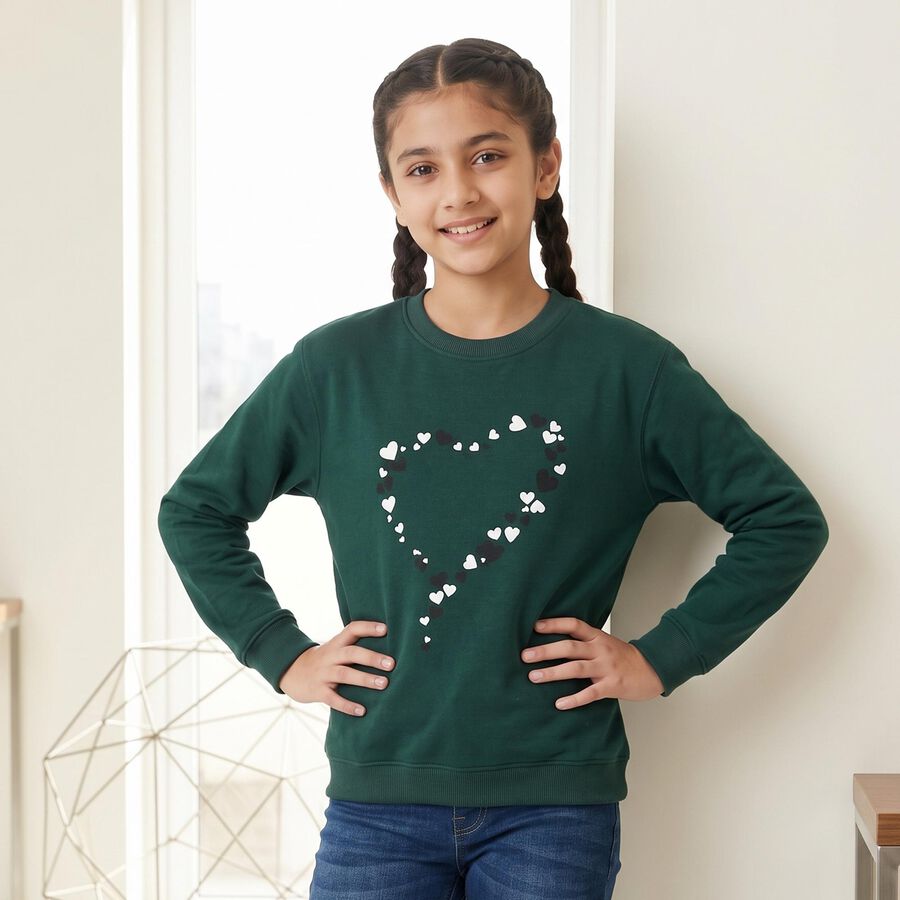 Girls' Green Crew Neck Pullover Sweatshirt, Dark Green, large
