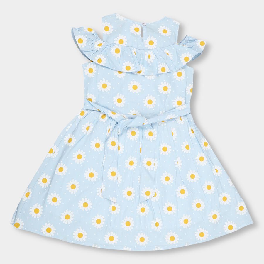 Girls' Pastel Blue Daisy Print Ruffled Neck Frock, Light Blue, large