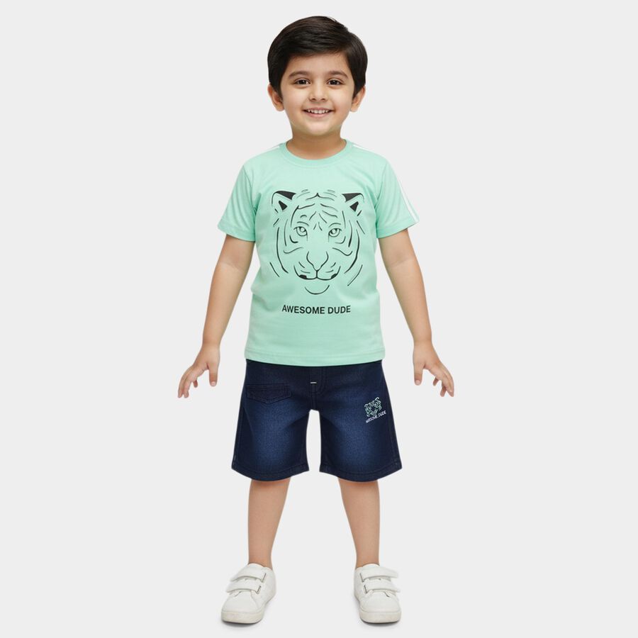 Boys Mint Green Cotton Round Neck Tiger Printed Baba Suit, हल्का हरा, large