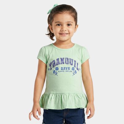 Girls' Mint Green Cotton Round Neck Regular T-Shirt