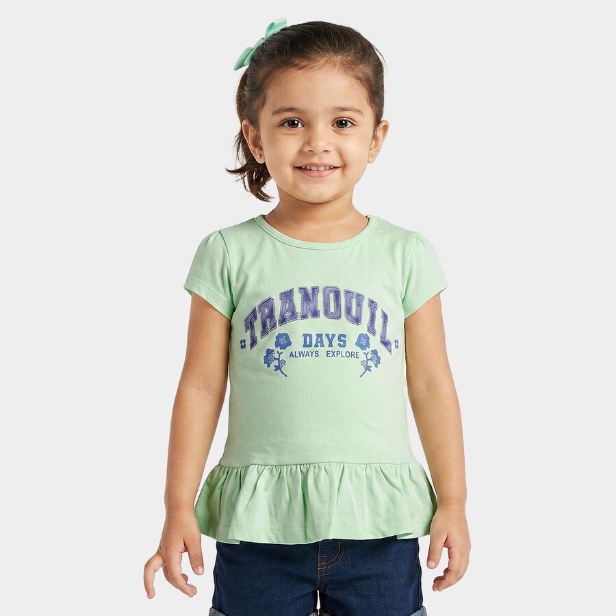 Girls' Mint Green Cotton Round Neck Regular T-Shirt, Light Green, large