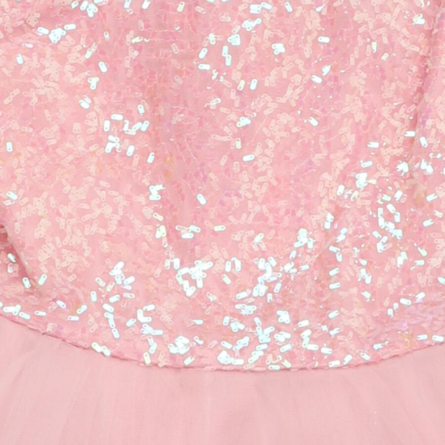 Girls' Light Pink Sequin and Floral Sleeveless Party Frock, हल्का गुलाबी, large