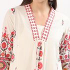 Women's White Cotton Round Neck Straight Kurta, Off White, small