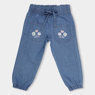 Girls' Light Blue Elasticated Fit Embroidered Jeans