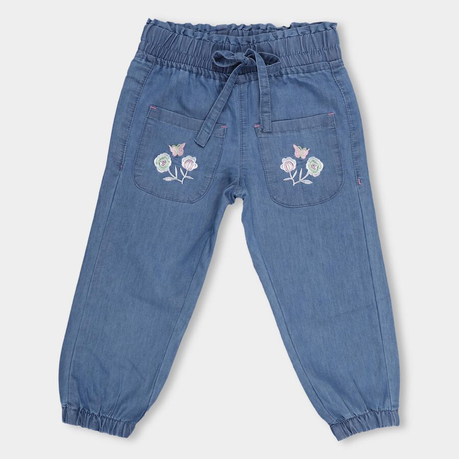 Girls' Light Blue Elasticated Fit Embroidered Jeans, Mid Blue, large image number null