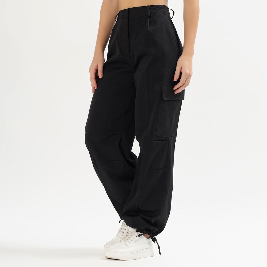 Women's Jet Black Regular Fit Mid Rise Cargo Trousers, Black, large image number null