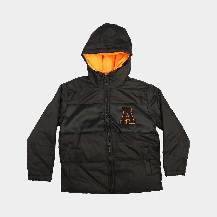 Boys Black Hooded Puffer Jacket, Black, large