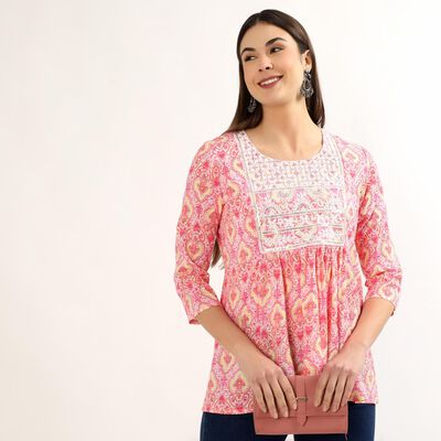 Women's Light Pink Notch Neck Floral Printed Kurti