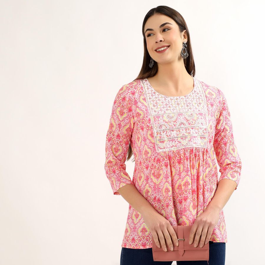 Women's Light Pink Notch Neck Floral Printed Kurti, Light Pink, large