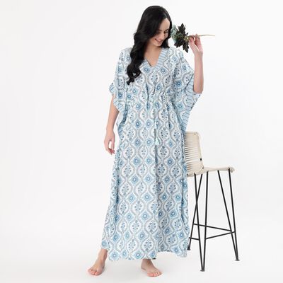 Women's Soft Powder Blue V-Neck Bohemian Nighty
