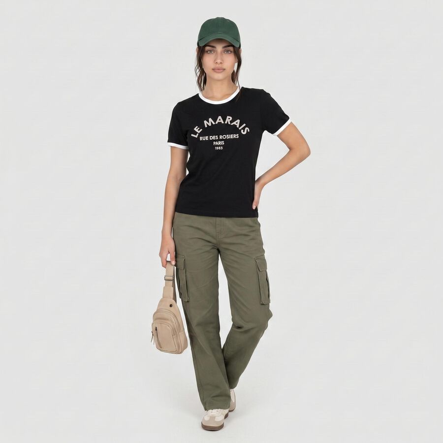 Women Black Round Neck Regular T-Shirt, Black, large