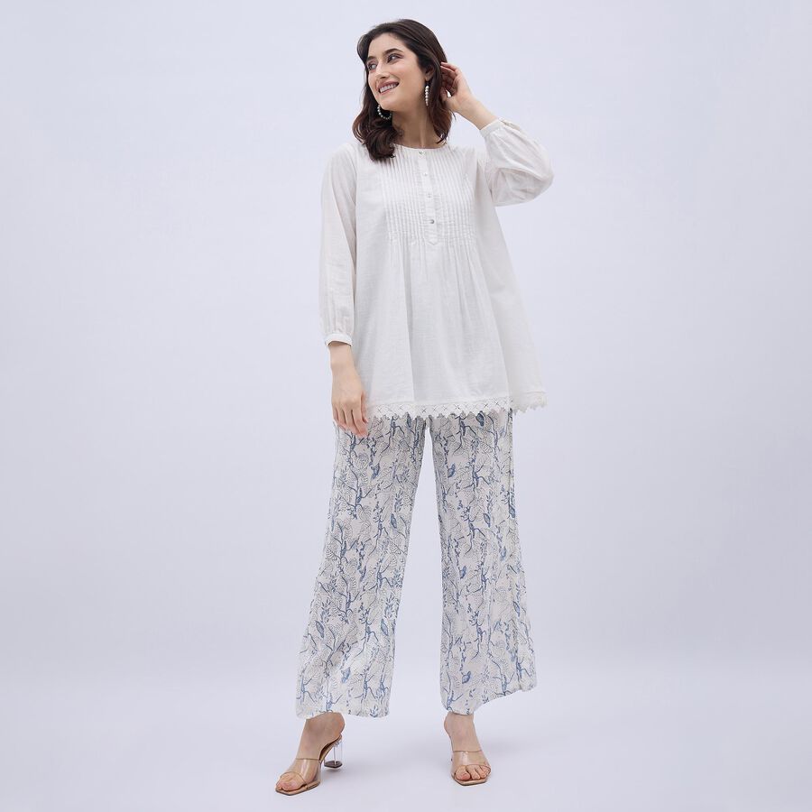 Women's White and Blue Floral Wide-Leg Palazzos, हल्का नीला, large image number null