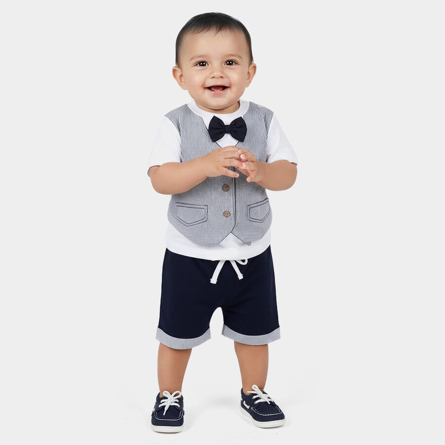 Infants' Navy Cotton Round Neck Striped Baba Suit, नेवी ब्लू, large