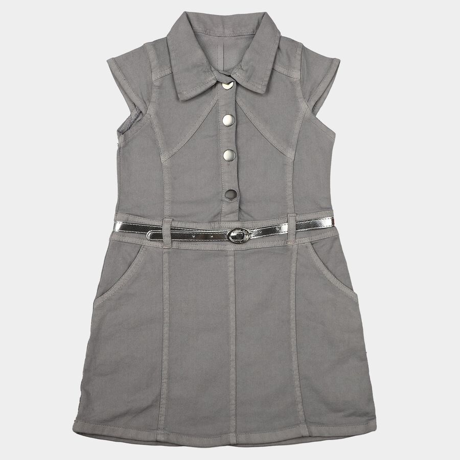 Girls' Grey Shirt Style Belted Frock, हल्का ग्रे, large