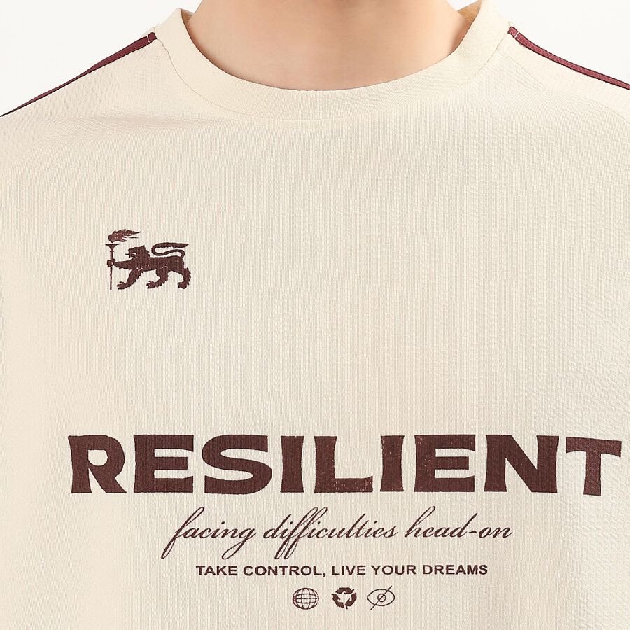 Men's Beige Round Neck Athleisure T-Shirt, Beige, large