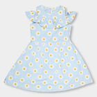 Girls' Pastel Blue Daisy Print Ruffled Neck Frock, Light Blue, small
