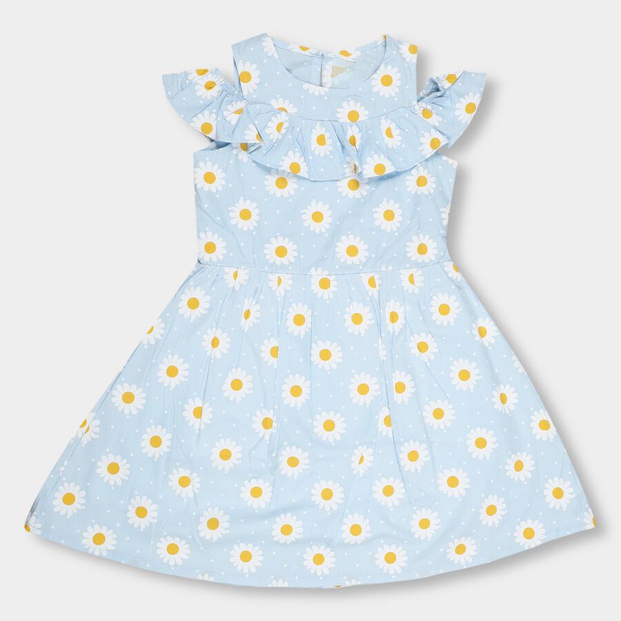 Girls' Pastel Blue Daisy Print Ruffled Neck Frock, Light Blue, large