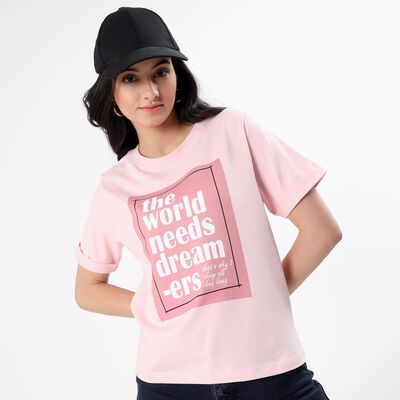 Women's Light Pink Round Neck Casual T-Shirt