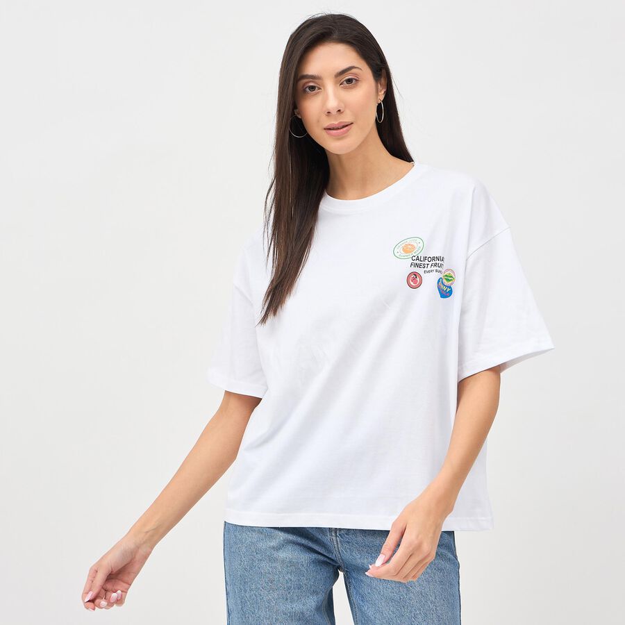 Women's Bright White Cotton Round Neck Oversized T-Shirt, ऑफ व्हाइट, large image number null