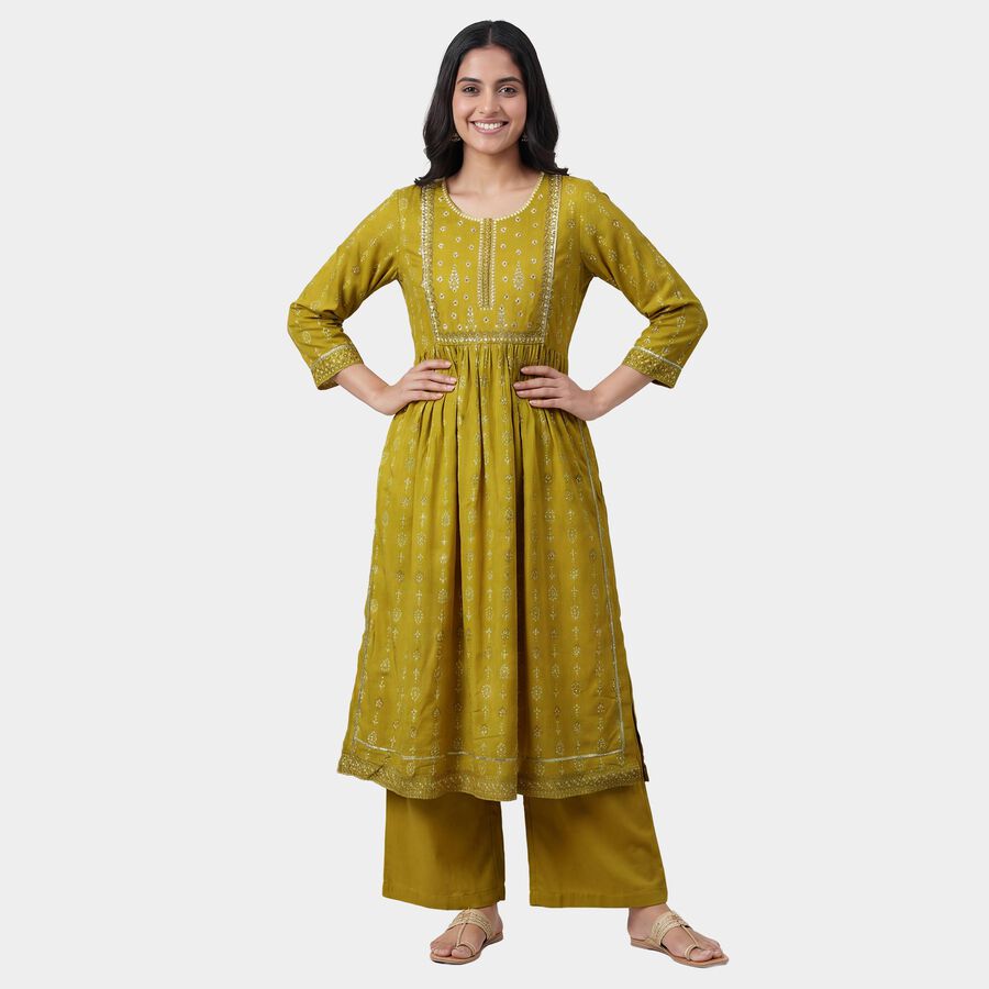 Women's Green Notch Neck Floral Printed Straight Kurta, Light Green, large