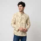 Men's Beige Cotton Mandarin Collar Printed Kurta, Beige, small