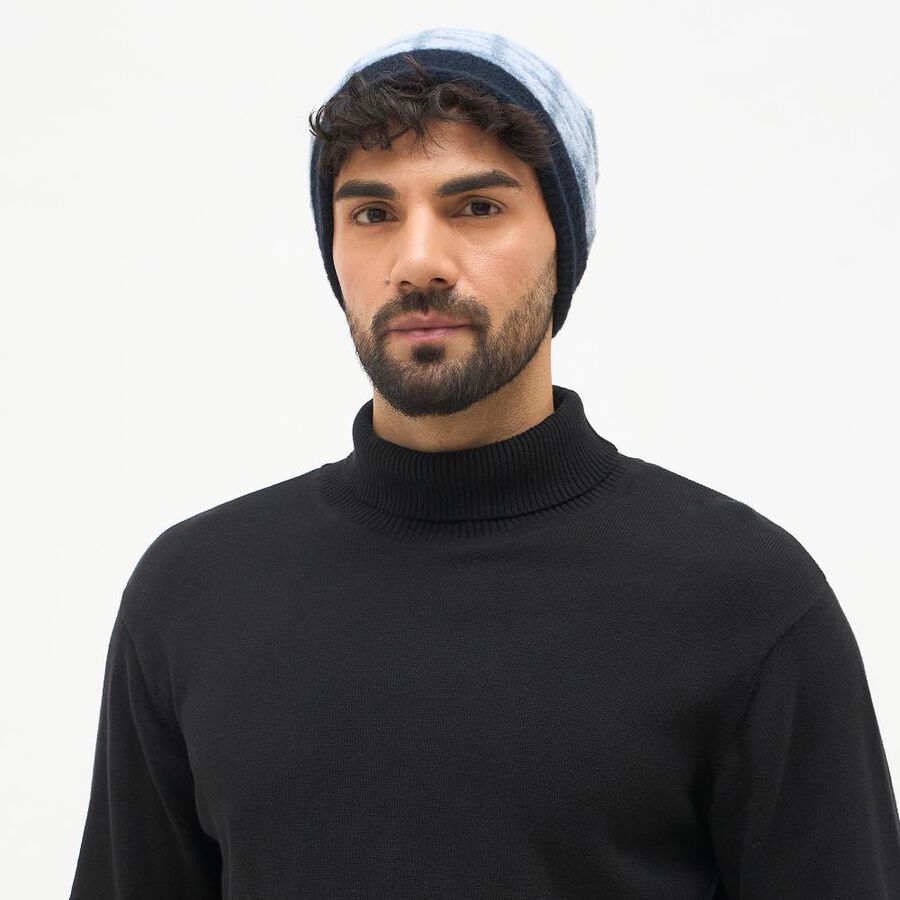 Men's Light Blue and Navy Textured Beanie Cap, Navy Blue, large image number null