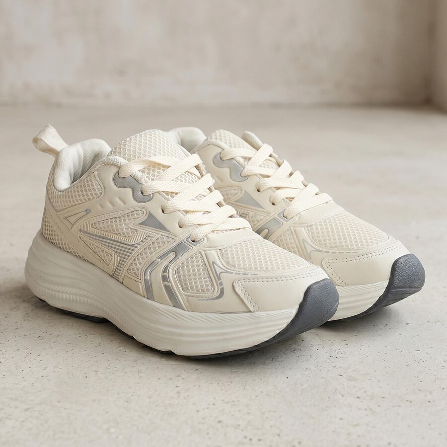 Men's Beige Lace-Up Sneakers, गहरा पीला, large