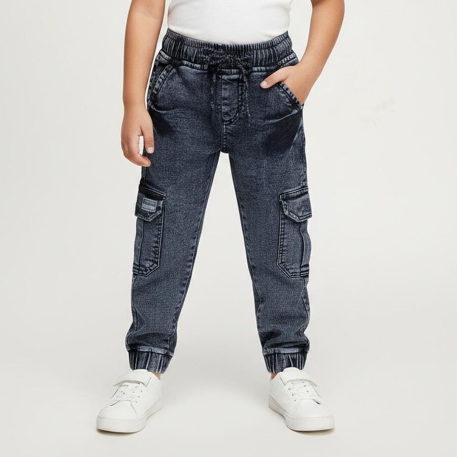 Boys' Faded Dark Blue Cargo Jogger Jeans, गहरा नीला, large image number null