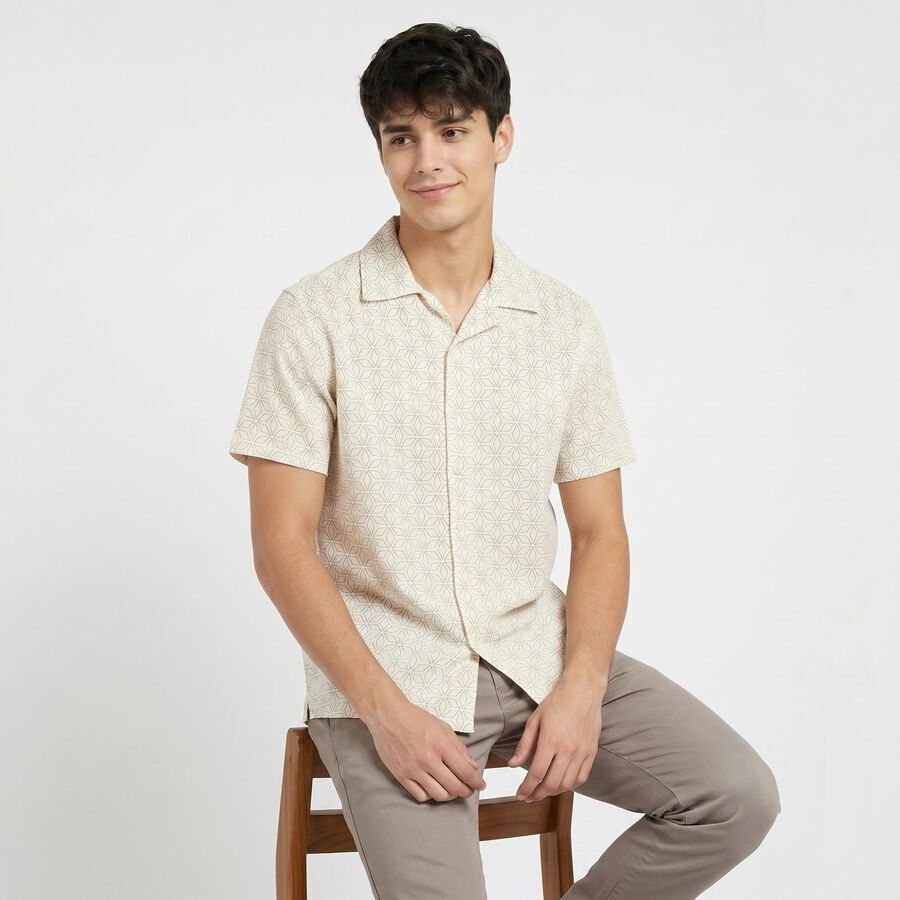 Men's Cream Short Sleeves Camp Collar Camp Collar Casual Shirt, ऑफ व्हाइट, large