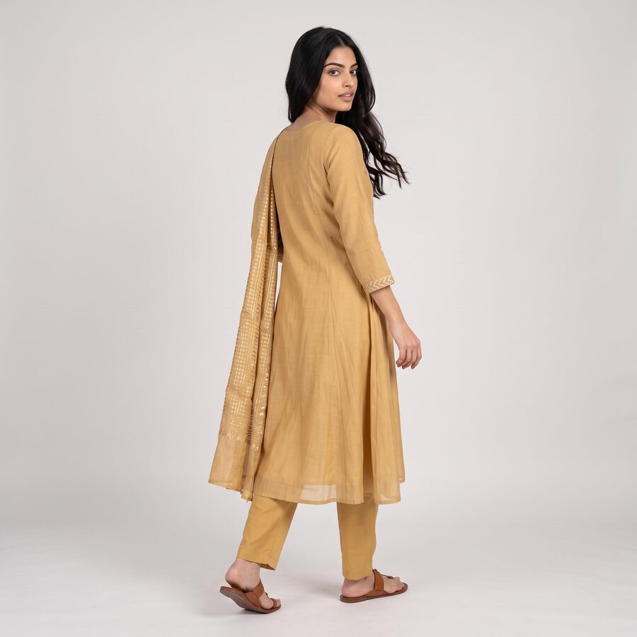 Women's Beige Notch Neck Embroidered Flared Kurta, Beige, large