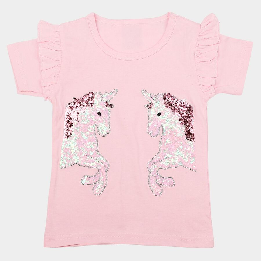 Girls Pink Cotton Round Neck Regular T-Shirt, हल्का गुलाबी, large