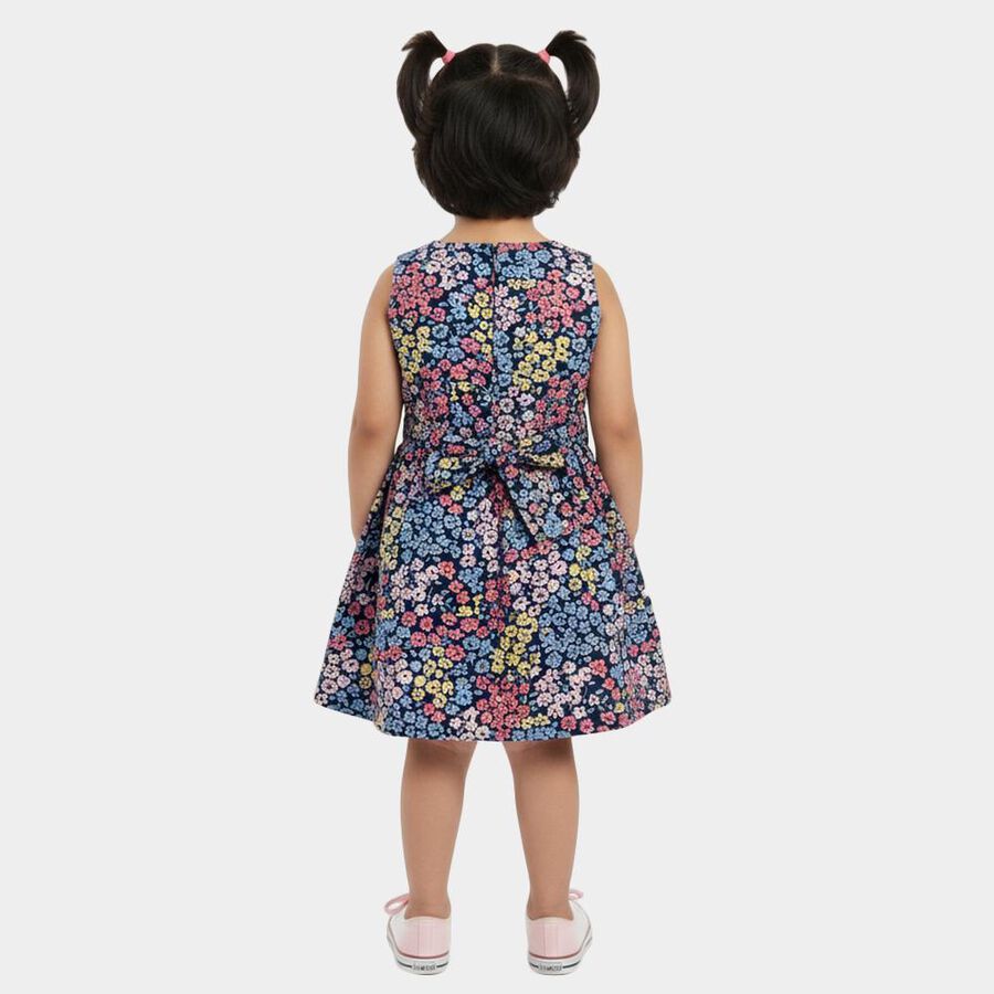 Girls' Navy Blue Floral Printed Sleeveless Frock, नेवी ब्लू, large