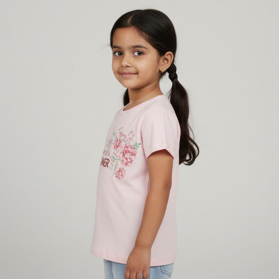 Girls Light Pink Cotton Round Neck Casual T-Shirt, हल्का गुलाबी, large image number null
