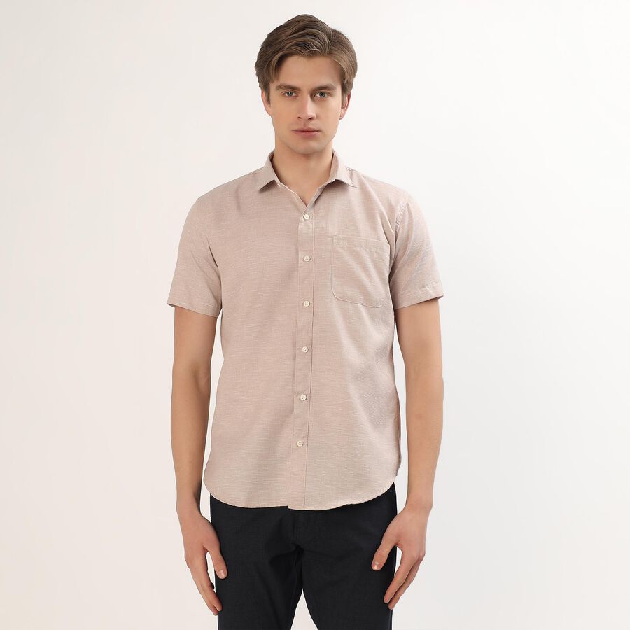 Men's Light Beige Half Sleeve Spread Collar Casual Shirt, Brown, large image number null