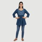 Women's Navy Blue Cotton Notch Neck Embroidered Kurti, Dark Blue, small